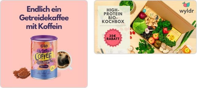 Zwei parallele Demand Gen Creatives — Getreidekaffee und wyldr Bio-Kochbox